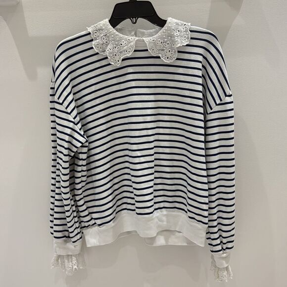 J. Crew French terry sweatshirt with lace trim Nautical Blue White Size Large - Picture 6 of 7